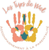 Logo avec des traces de mains d'enfants rose vert et jaune